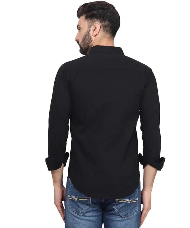 Men’s black slim fit formal and casual shirt by 6824, full sleeve solid shirt, shown in a close-up image.