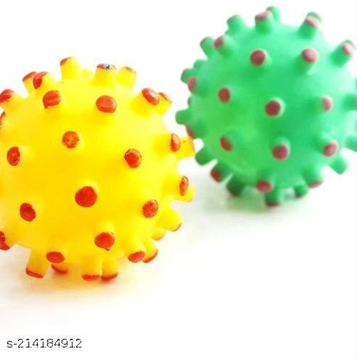 Colorful pet teeth cleaning chew ball with squeaky feature, designed for dogs, in a pack of two.