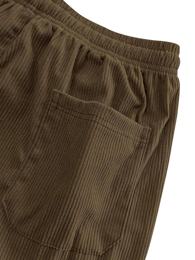 Boys corduroy casual pants by 25976 with loose fit, wide leg design, elastic waistband, and drawstring for a comfortable look.