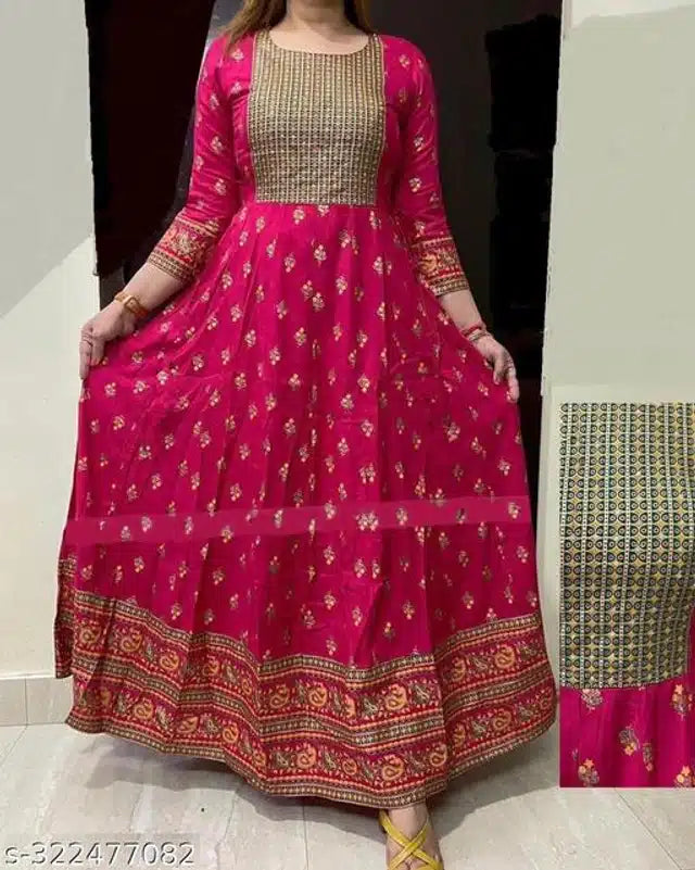 Dark pink printed Anarkali rayon kurti for women, size small, with intricate patterns and traditional design.