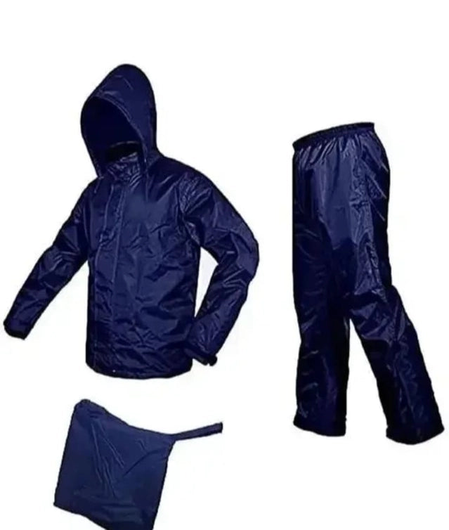 Men's navy blue polyester full sleeves rainsuit set raincoat, size L, with hood and waterproof design.