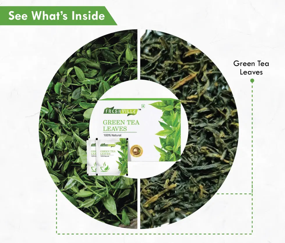 Freshville green tea bag placed inside a classic ceramic tea pot for brewing, with fresh green tea leaves visible.