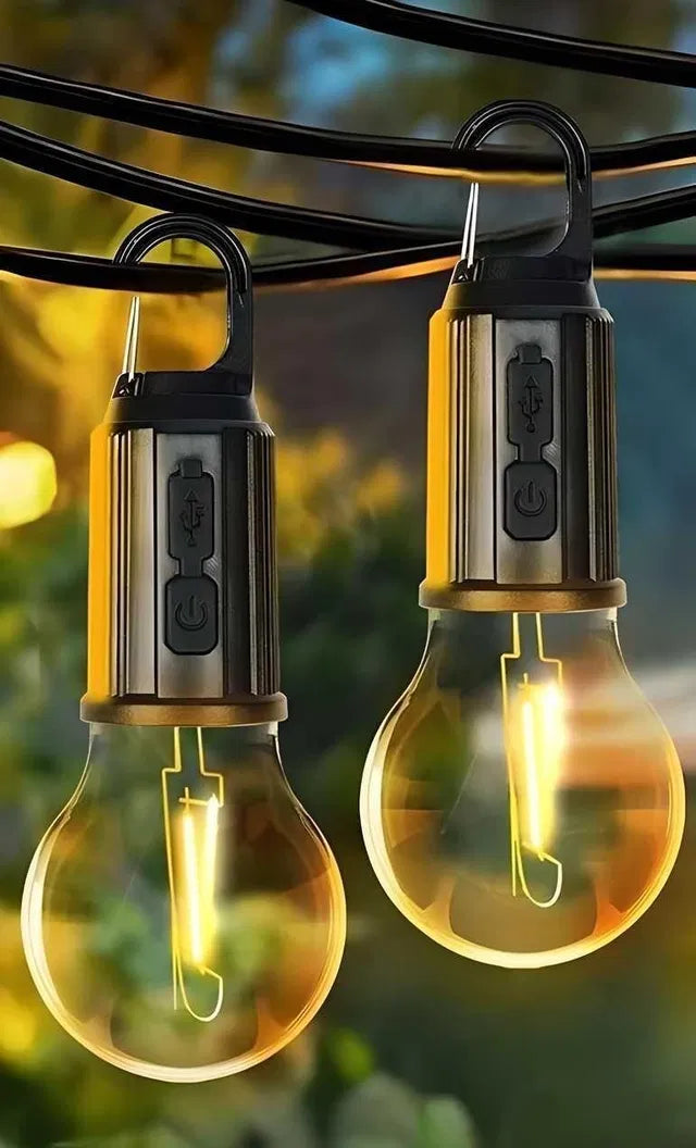 Pair of 19357 decorative hanging bulb tents with 3-mode LED camping lamps, shown hanging with adjustable cords in a camping setting.