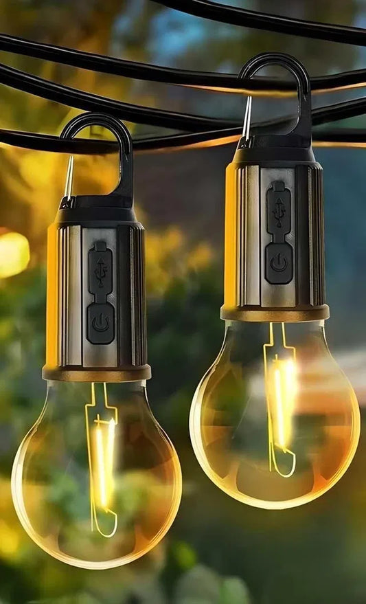 Pair of 19357 decorative hanging bulb tents with 3-mode LED camping lamps, shown hanging with adjustable cords in a camping setting.
