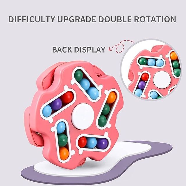 Fidget toy rotating magic bean cube spinner, educational finger toy with colorful sides and smooth spinning mechanism.