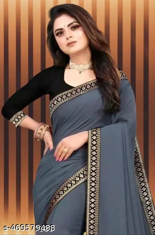 Black lycra blend solid saree for women with 6.3 meters, featuring a smooth, elegant drape and simple design from brand 6706.