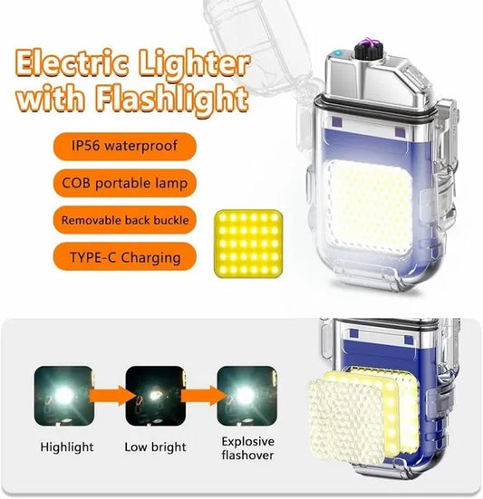 Black metal LED flashlight lighter with LED strip, featuring a sleek design and built-in LED lights for illumination.