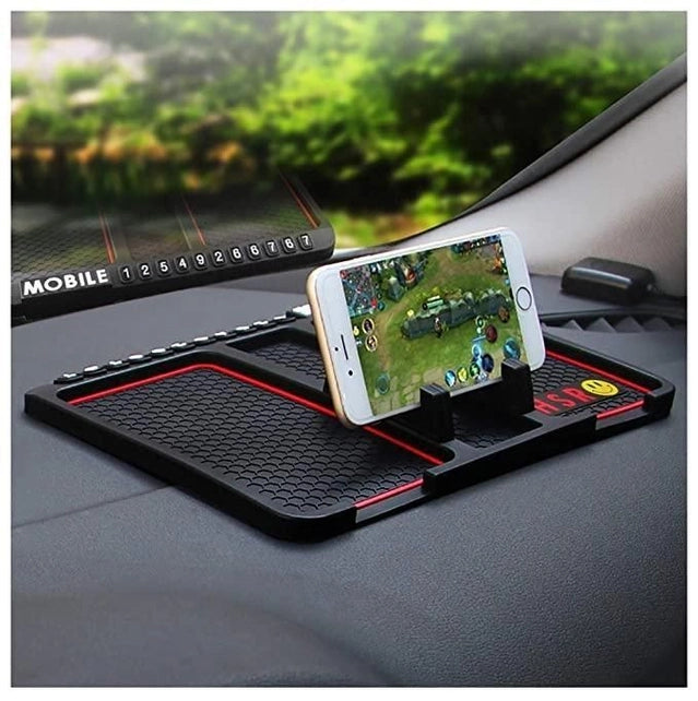 18057 car mobile holder with anti-slip silicone pad, designed for dashboard mounting, showcasing a secure grip on a smartphone.