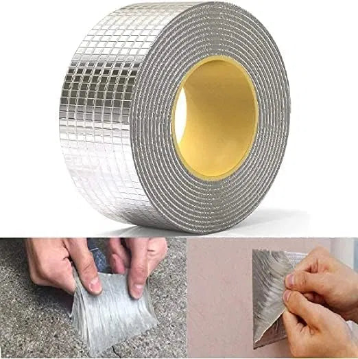 Aluminum foil waterproof adhesive sealant tape for pipe and roof leak sealing, showing the tape applied to a surface.