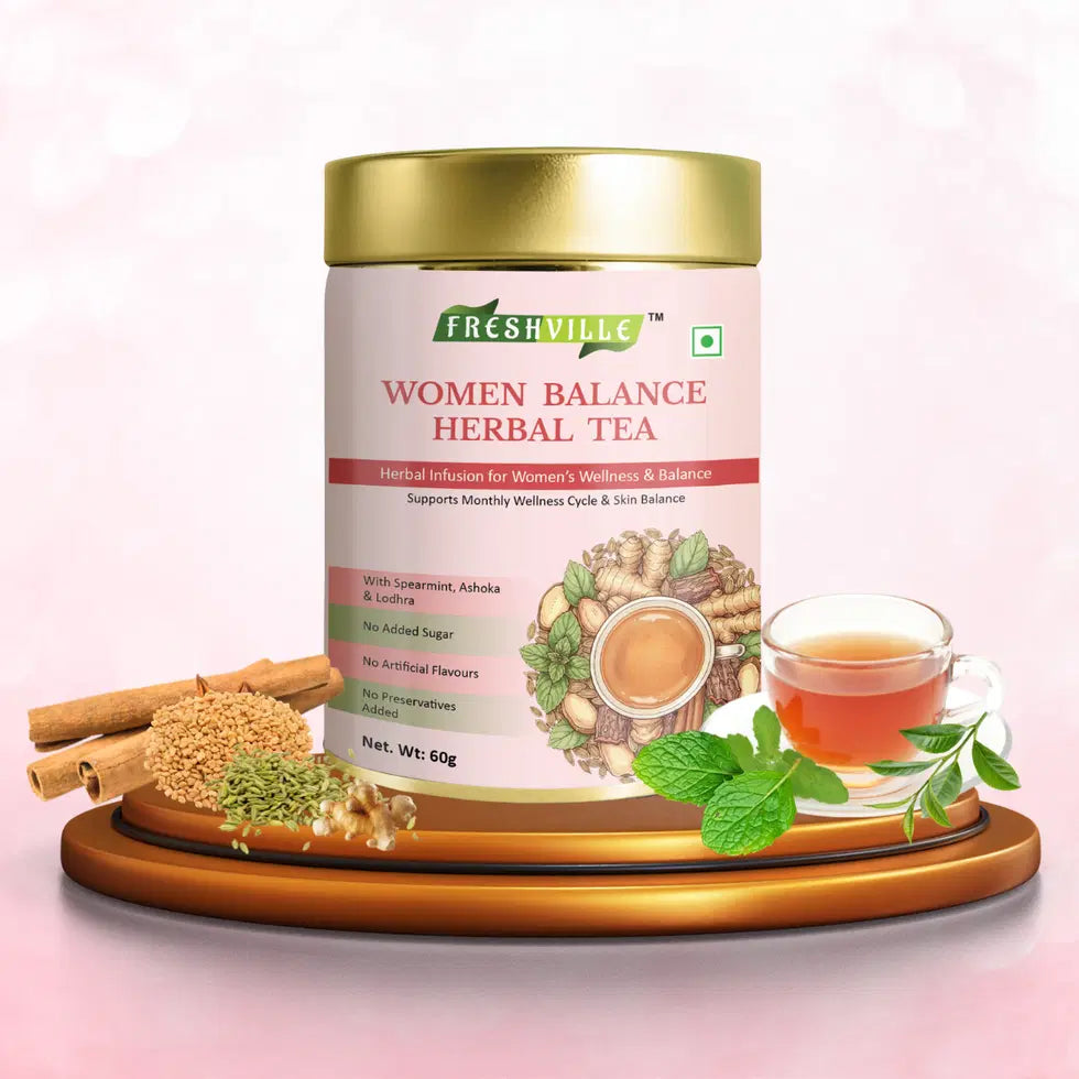 Women Balance Herbal Tea in an elegant tea pot, featuring fresh herbs and leaves, ideal for calming and wellness.