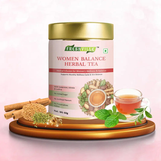 Women Balance Herbal Tea in an elegant tea pot, featuring fresh herbs and leaves, ideal for calming and wellness.