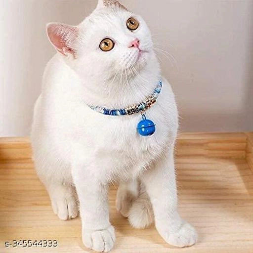 Multicolor collar belt for cats, designed as a stylish pet accessory, shown on a cat in a pet bed setting.