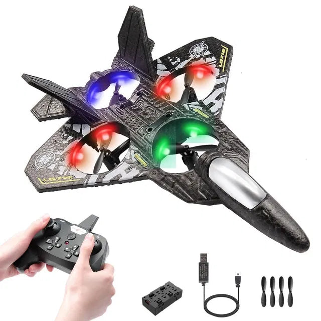 RC plane jet fighter with 2.4 GHz remote control, electronic toy aircraft featuring quadcopter design and aerodynamic details.