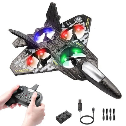 RC plane jet fighter with 2.4 GHz remote control, electronic toy aircraft featuring quadcopter design and aerodynamic details.