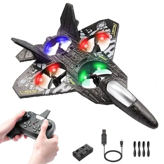 RC plane jet fighter with 2.4 GHz remote control, electronic toy aircraft featuring quadcopter design and aerodynamic details.