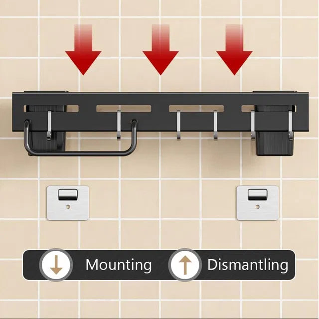 Wall-mounted magnetic knife holder and cutlery organizer by 31446, with knives and utensils securely held on the magnetic strip.