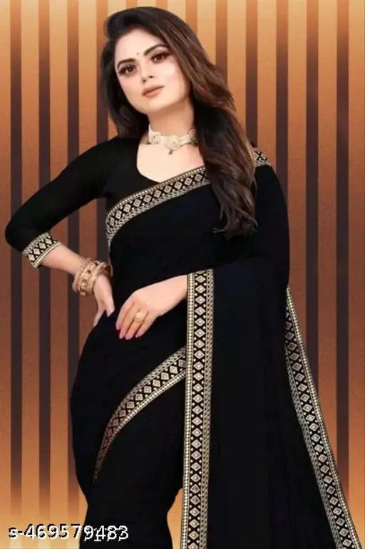Black lycra blend solid saree for women, 6.3 meters, featuring smooth fabric and elegant drape, from brand 6706.