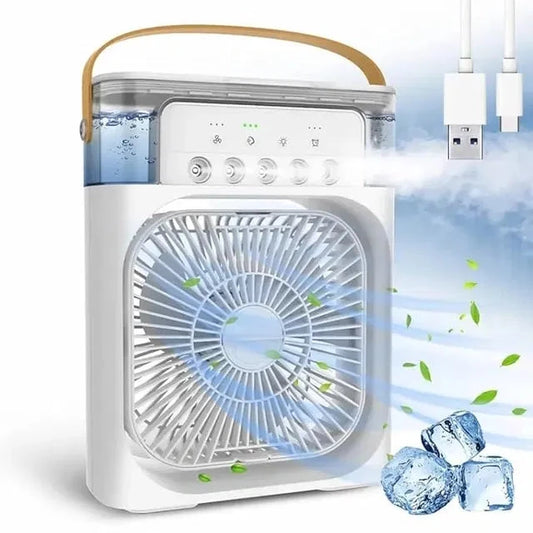 Portable Mini Cooler fan with LED lights, three spray modes, three wind speeds, ideal for office, home, or travel.