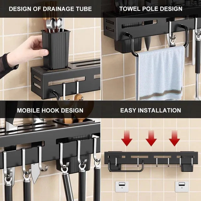Wall mounted magnetic knife holder and cutlery organizer by 31446, featuring stainless steel design with magnetic strips and utensil slots.