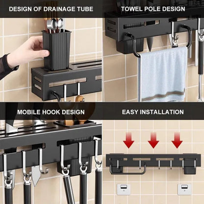 Wall mounted magnetic knife holder and cutlery organizer by 31446, featuring stainless steel design with magnetic strips and utensil slots.