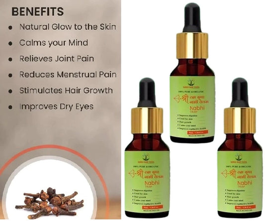 Set of three 30 ml Ramban Nabhi Oil bottles by 1361, natural skincare cream for belly button care, with dropper applicator.