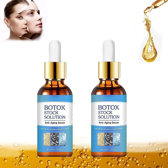 Botox Stock Solution Anti-Ageing Face Serum by 1361, 30ml bottles, paired pack, and an ear cleaner device in the image.