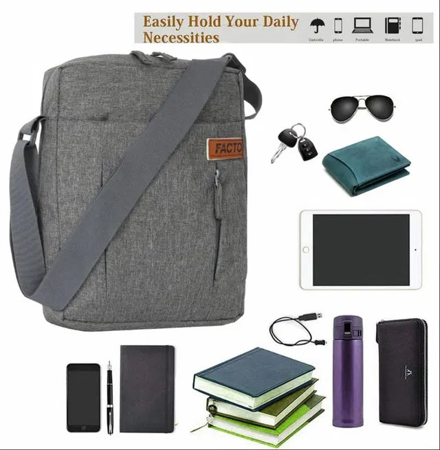 Black Facto polyester office side bag with adjustable strap and multiple compartments for mobile and small essentials.