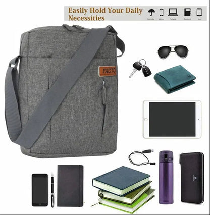 Black Facto polyester office side bag with adjustable strap and multiple compartments for mobile and small essentials.