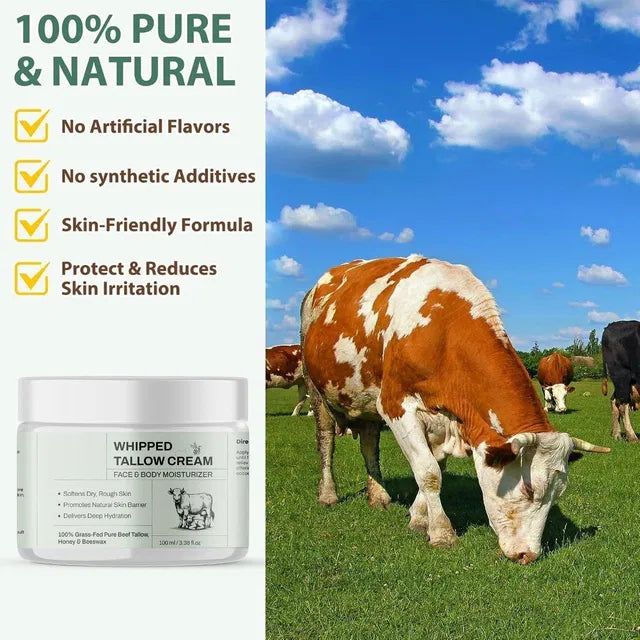 Two 100 ml jars of 18058 whipped tallow cream, creamy texture, shown in a natural setting, ideal for moisturizing skincare.