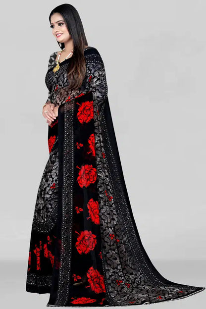 Black printed women's saree with intricate patterns, 5.95 meters long, showcasing elegant fabric and detailed design.