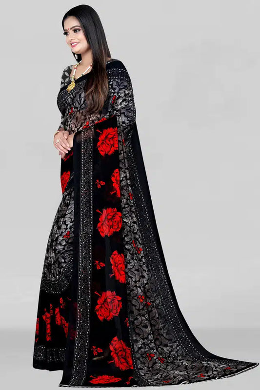 Black printed women's saree with intricate patterns, 5.95 meters long, showcasing elegant fabric and detailed design.