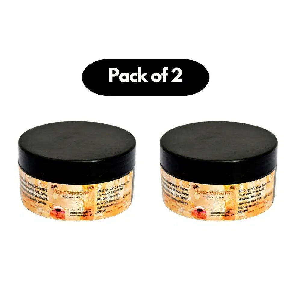 Two 100g jars of 1238 Bee Venom Skin Treatment Cream showing the cream's smooth texture and packaging for skincare.