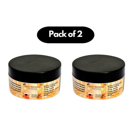 Two 100g jars of 1238 Bee Venom Skin Treatment Cream showing the cream's smooth texture and packaging for skincare.
