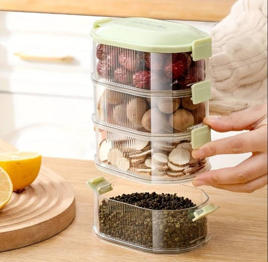 Four-layer transparent spice storage jars from 18057, showing clear plastic containers with labeled compartments for spices.