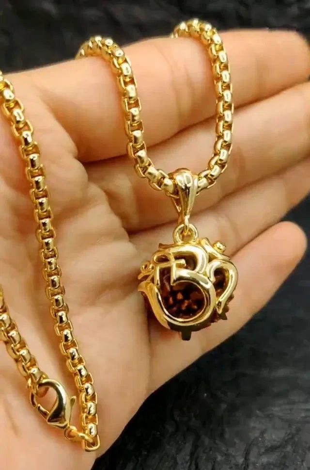 Golden Om Rudraksha pendant with chain for women, featuring intricate design, ideal for spiritual jewelry and everyday wear.