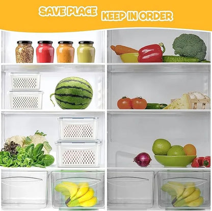 Set of four refrigerator storage containers with airtight lids, designed for organizing fruits and vegetables in kitchen fridge.