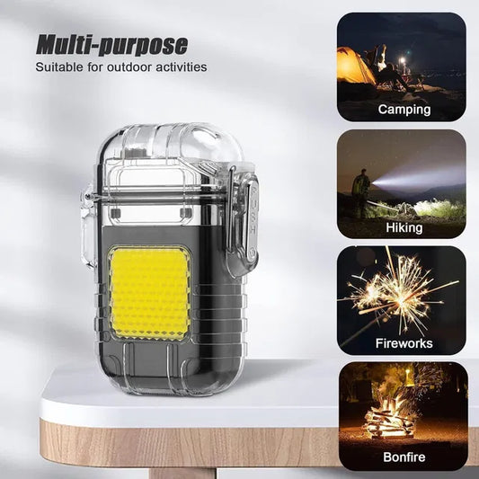 Black metal LED flashlight lighter with integrated LED strips, featuring a sleek design and modern lighting elements.