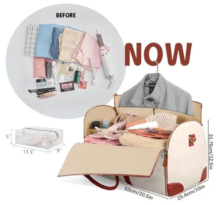 Small 1238 convertible garment bag for women, combines hanging suitcase and large duffle for versatile travel organization.