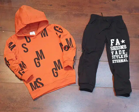 Full sleeves orange and black boys' hooded tracksuit by 8969 for ages 3-4, featuring a comfortable, casual design.