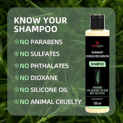 Creamy rosemary hydrolyzed keratin shampoo bottles in a 100ml pack, showcasing the product's packaging and label.