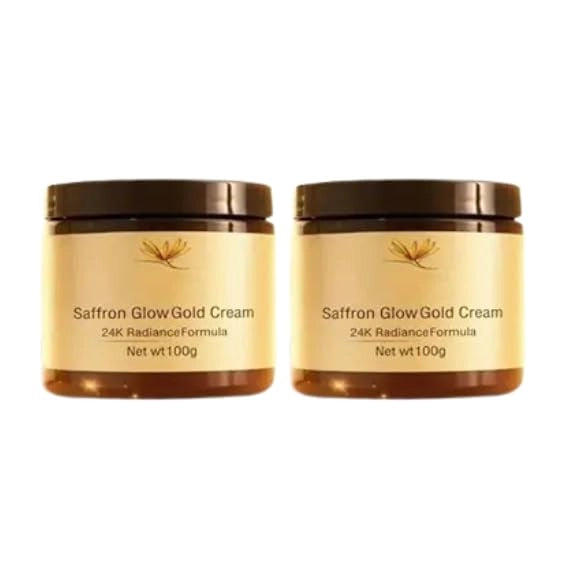 Two jars of Saffron Glow Gold Cream by 35874, featuring luxurious gold-colored packaging and smooth cream texture.