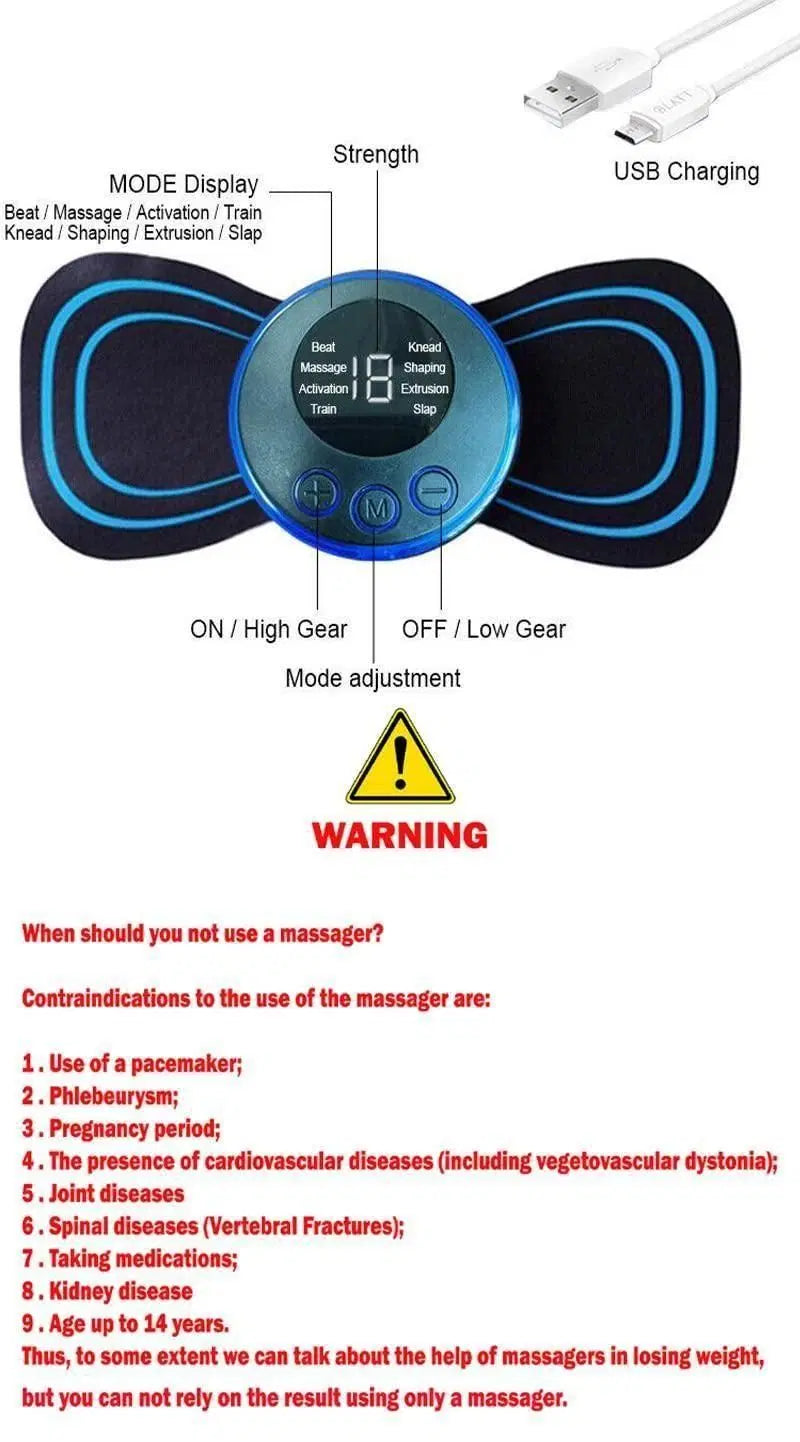 1238 mini electric massager with 8 modes and 19 strength levels, used on shoulders, arms, legs, and back for pain relief.