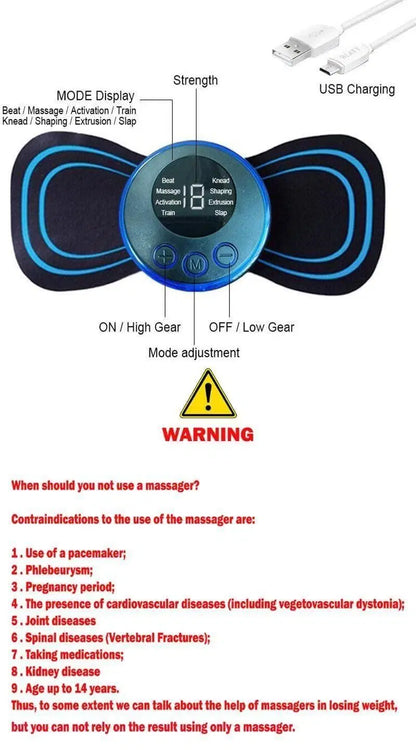 1238 mini electric massager with 8 modes and 19 strength levels, used on shoulders, arms, legs, and back for pain relief.