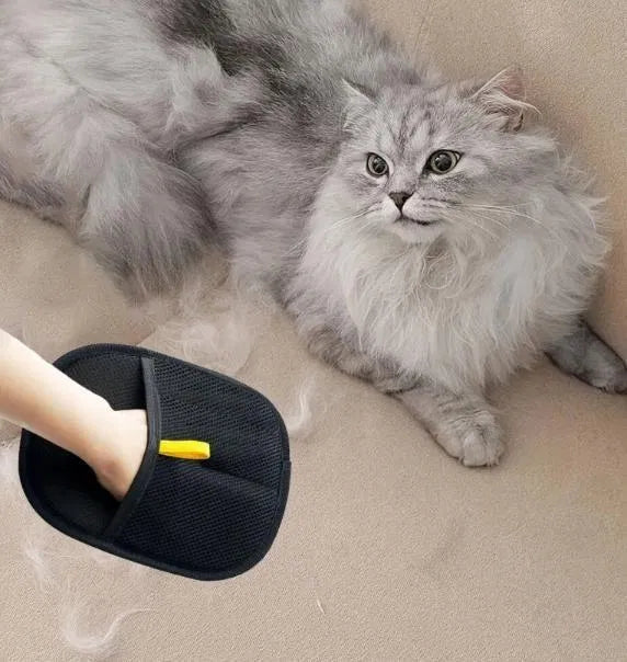 Pet hair removal glove from 25544, shown in use on a pet bed to remove pet hair and lint effectively.