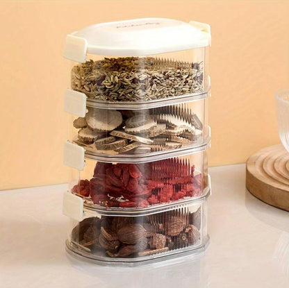 Four-layer transparent spice storage jars from 18057, showing detailed view of clear containers with spice labels and lids.