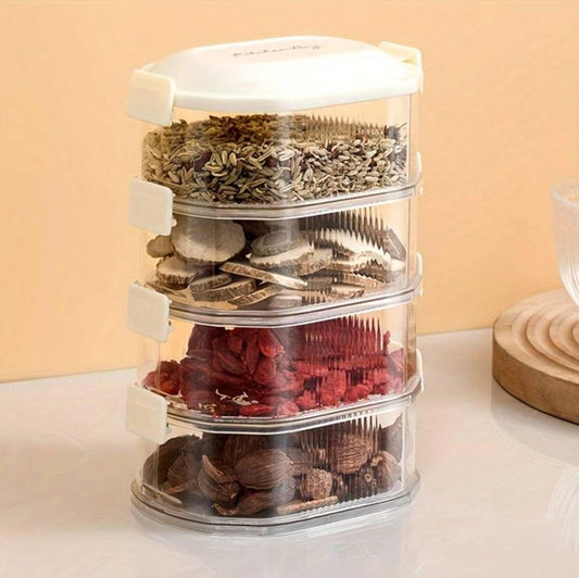 Four-layer transparent spice storage jars from 18057, showing detailed view of clear containers with spice labels and lids.