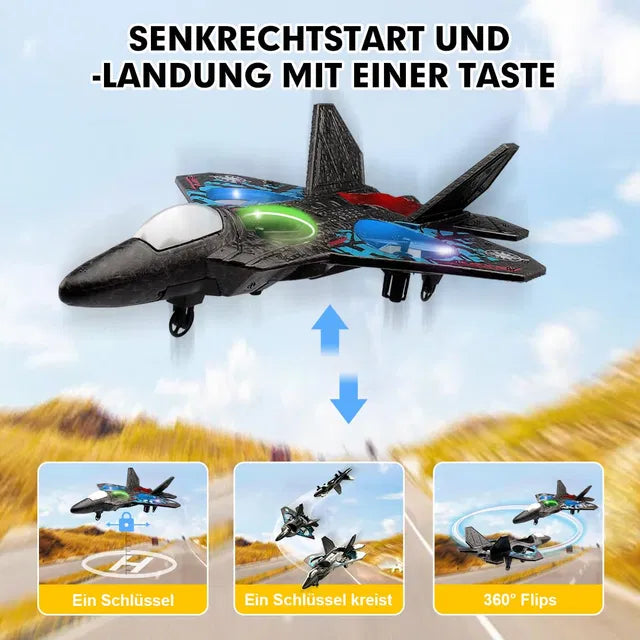 RC plane jet fighter with 2.4 GHz remote control, electronic toy aircraft, quadcopter design, branded 4356, shown in flight.