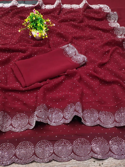 Red georgette embellished saree for women, 6.3 meters, featuring intricate embroidery and traditional design.