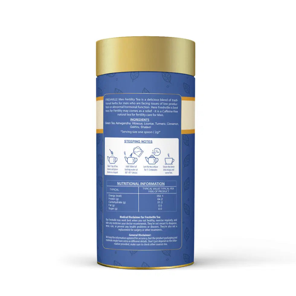 Freshville Men Fertility Tea in a stylish tea pot, showcasing herbal blend for men's health and fertility.