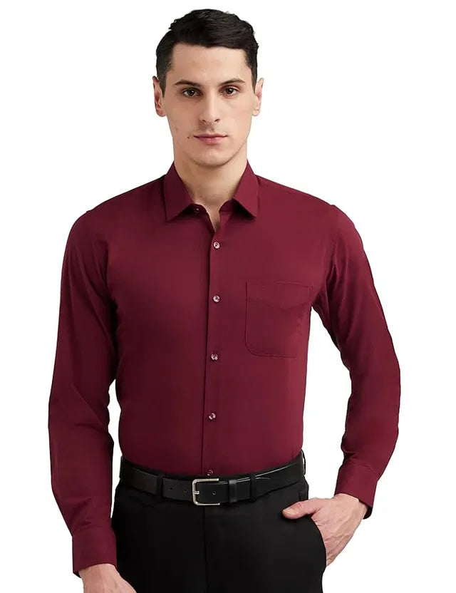 Men’s maroon slim fit formal and casual full sleeve solid shirt by 6824, shown laid flat with front view and button details.